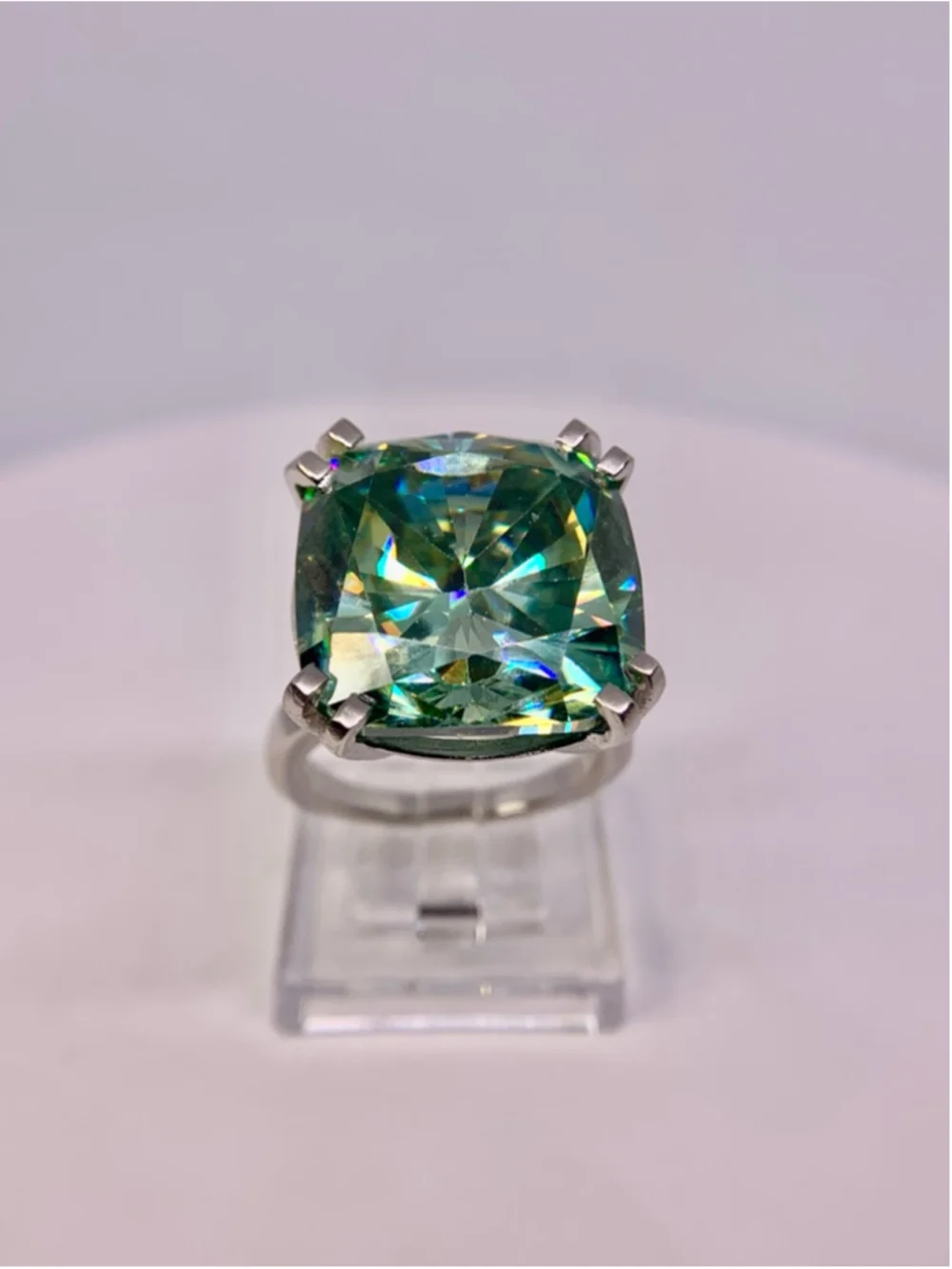 Huge Cushion Cut Moissanite Ring Vivid Blue Green 925 Silver 22 Ct Cocktail Ring